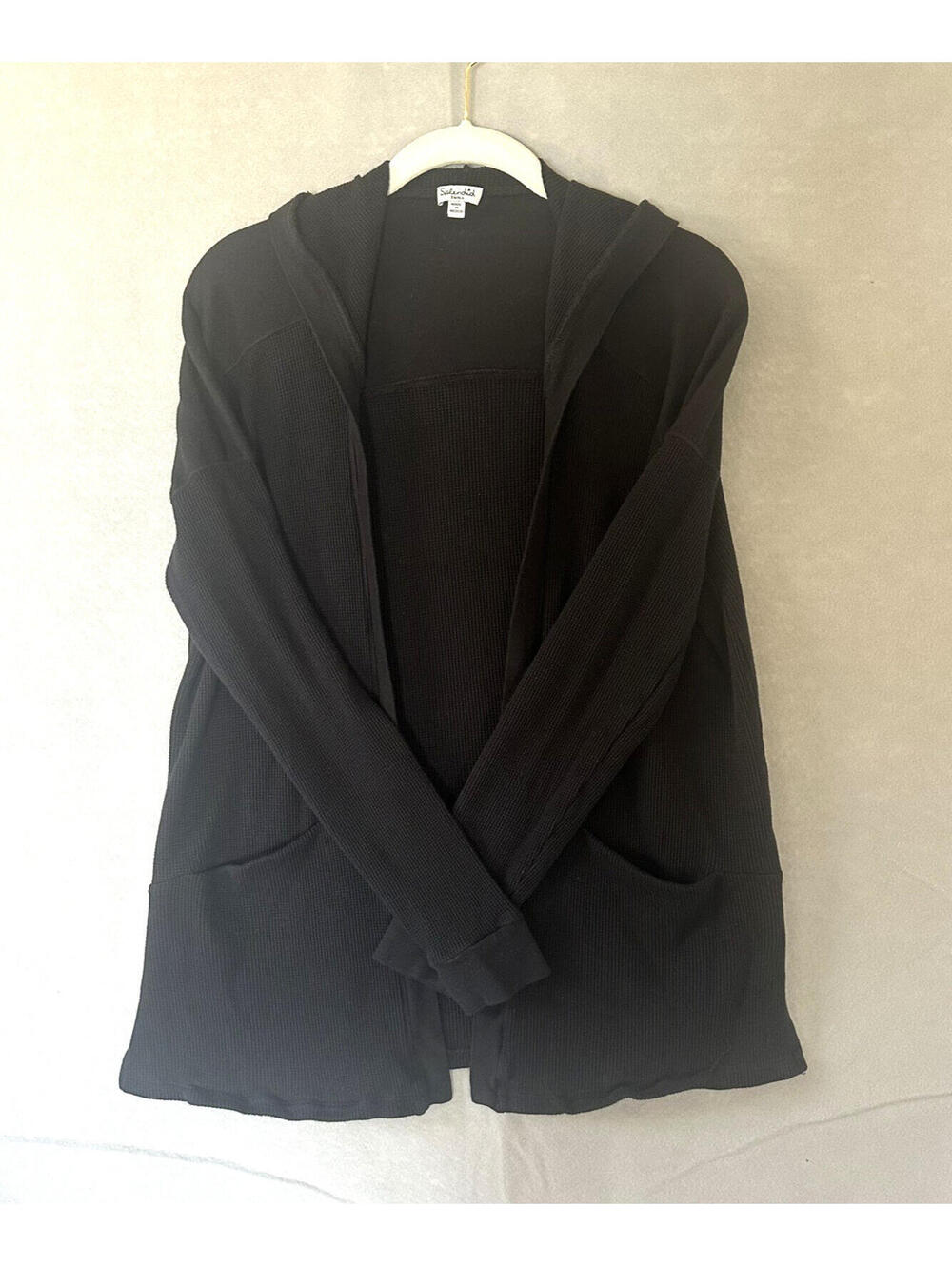 Splendid Thermal Flight Cardigan, S Waffle Knit Hooded Open Front , Black